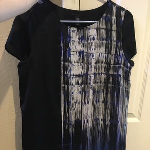 Black silk mini dress with blue and white details